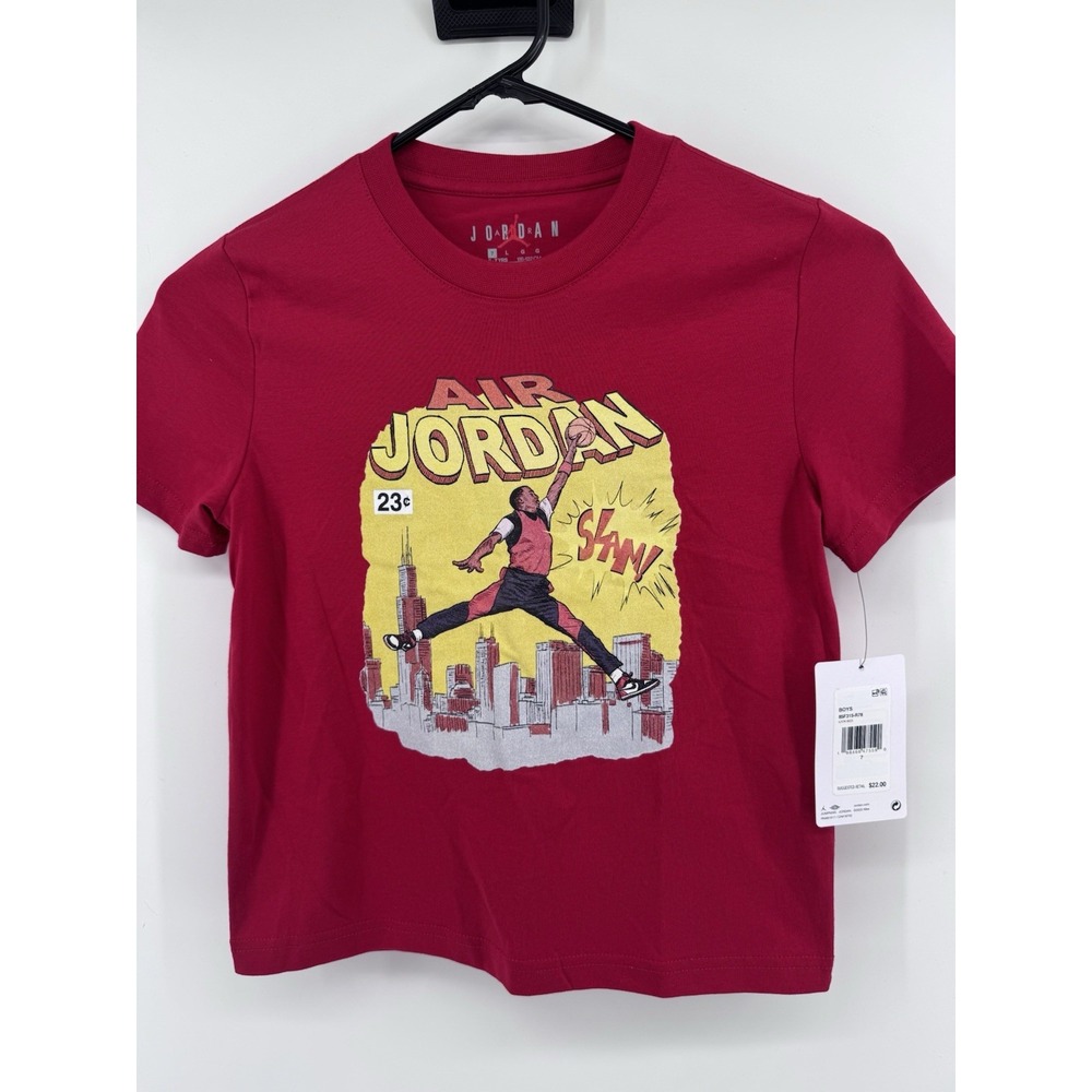 Size 7 - Air Jordan Comic Slam T-Shirt Boys Gym Red Short Sleeve 85F315-R78 New!